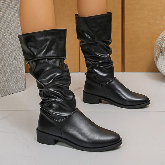 Wowcloth Women's Vintage Pleated Stacked Riding Boots – Casual Slip-On with High Shaft Design & Versatile Styling for Everyday Outfits