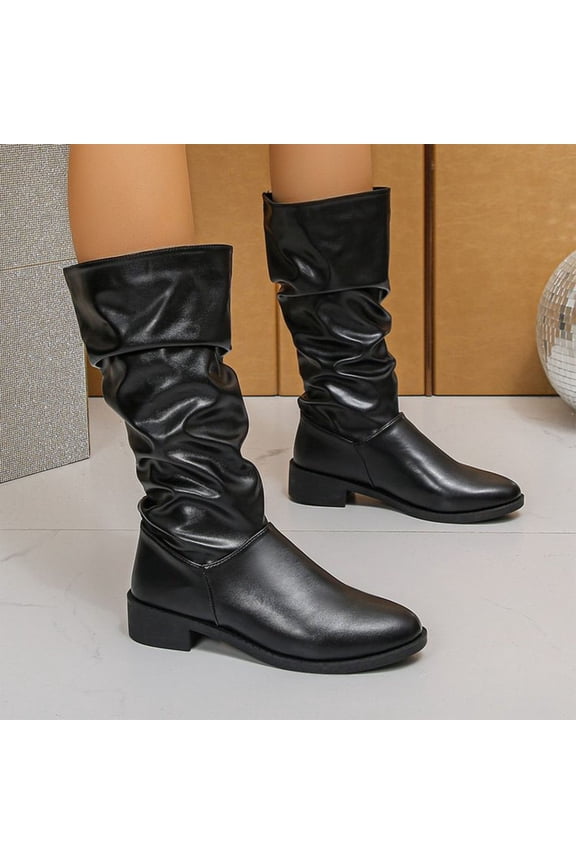 Women's Vintage Pleated Stacked Riding Boots – Casual Slip-On with High Shaft Design & Versatile Styling for Everyday Outfits