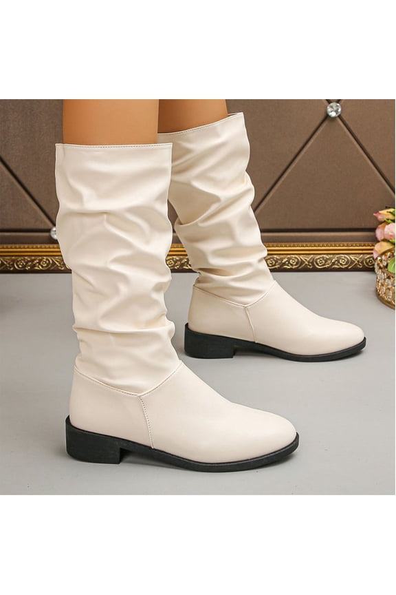 Women's Vintage Pleated Stacked Riding Boots – Casual Slip-On with High Shaft Design & Versatile Styling for Everyday Outfits