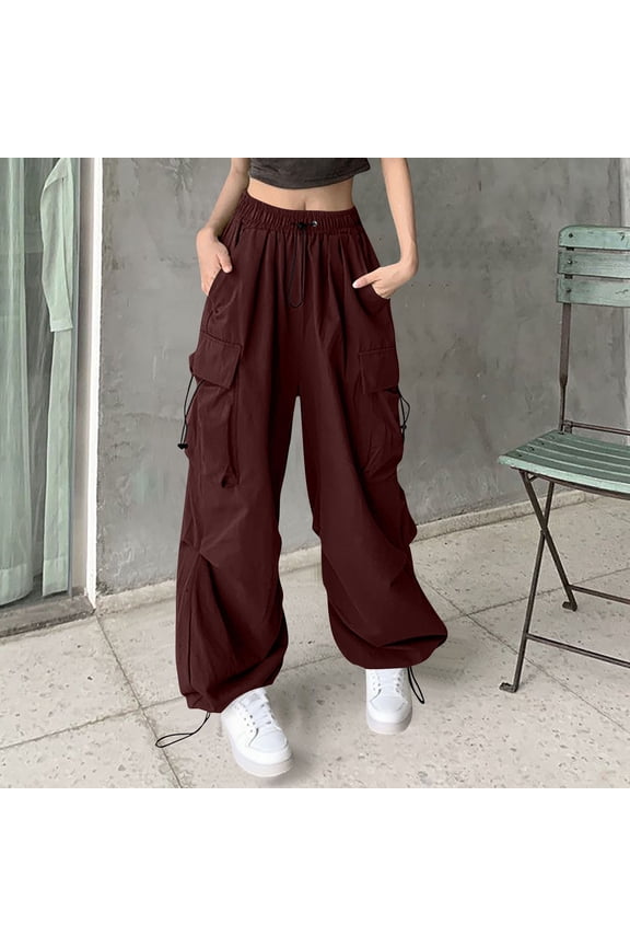 Women's Vintage Work Casual Pants - Loose Fit Straight Leg Trousers with Elastic Cuff and Pockets