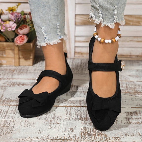 Wowcloth Women's Wedge Heel Sandals with Bow Detail – Comfortable Round Toe and Single Buckle Design in Suede, Stylish for Autumn Winter Wear