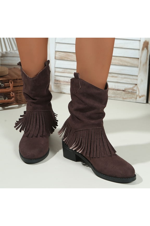 Women's Western Ankle Boots - Fringe Decor Chunky Heel Platform Sole Casual Retro Style Pull-On Mid Calf Boots for Plus Size Footwear