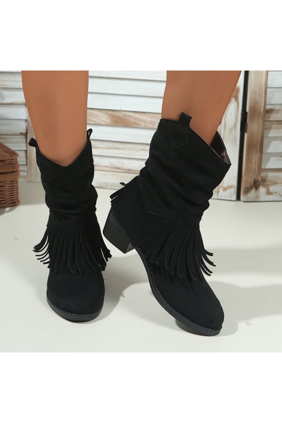 Women's Western Ankle Boots - Fringe Decor Chunky Heel Platform Sole Casual Retro Style Pull-On Mid Calf Boots for Plus Size Footwear