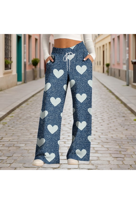 Women's Wide Leg Pants, Loose Fit with Drawstring and All-Over Print, Casual Comfort for Daily Wear