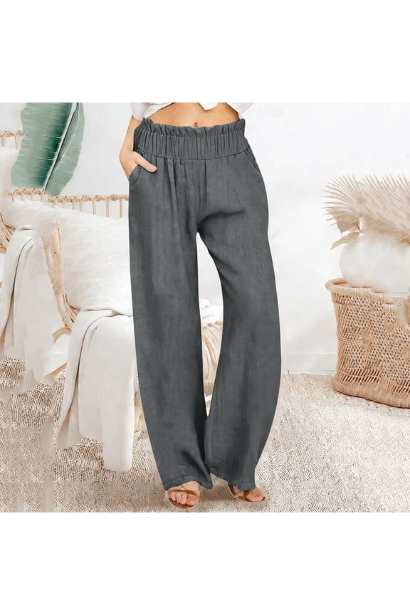 Women's Wide Leg Pants, Solid Color Linen Cotton Blend Loose Fit, Breathable and Comfortable for Casual and Daily Wear