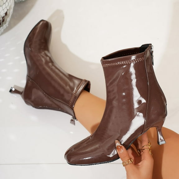 Wowcloth Women's Wide Width Glossy Patent Leather Ankle Boots – Trendy High Heel Design for Fall/Winter, Stylish Versatile Nude Booties for Casual or Party Wear