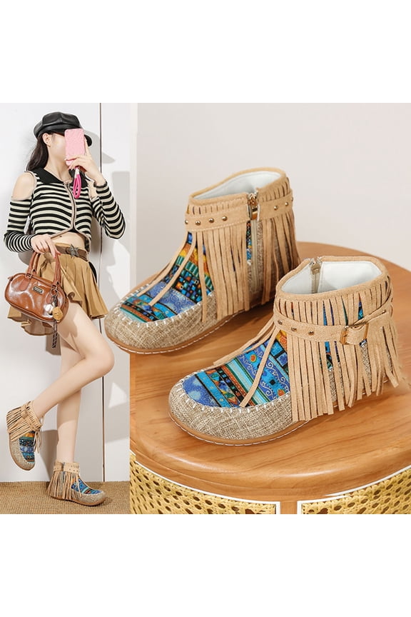 Women's Winter Ankle Boots – Fashion Casual Flat Sole with Ethnic Fringe Details, Studded Buckle & Side Zipper Design for Versatile Outfits