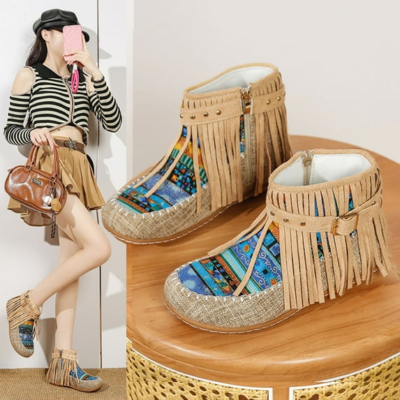 Wowcloth Women's Winter Ankle Boots – Fashion Casual Flat Sole with Ethnic Fringe Details, Studded Buckle & Side Zipper Design for Versatile Outfits