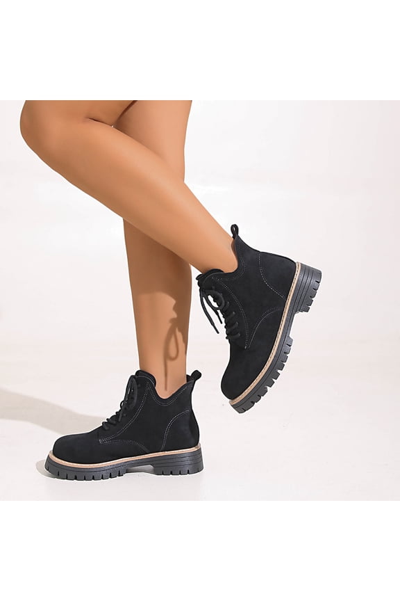 Women's Winter Ankle Boots – Fashion Casual Short Shaft Round Toe with Front Lace-Up & Chunky Low Heel for Stylish Outfits