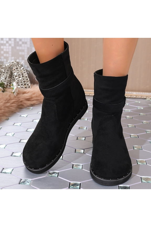 Women's Winter Ankle Boots – Pleated Trouser Leg Cuff Stacked Design, Solid Color Pointed Toe Pull-On with Low Chunky Heel for Casual Fashion Footwear