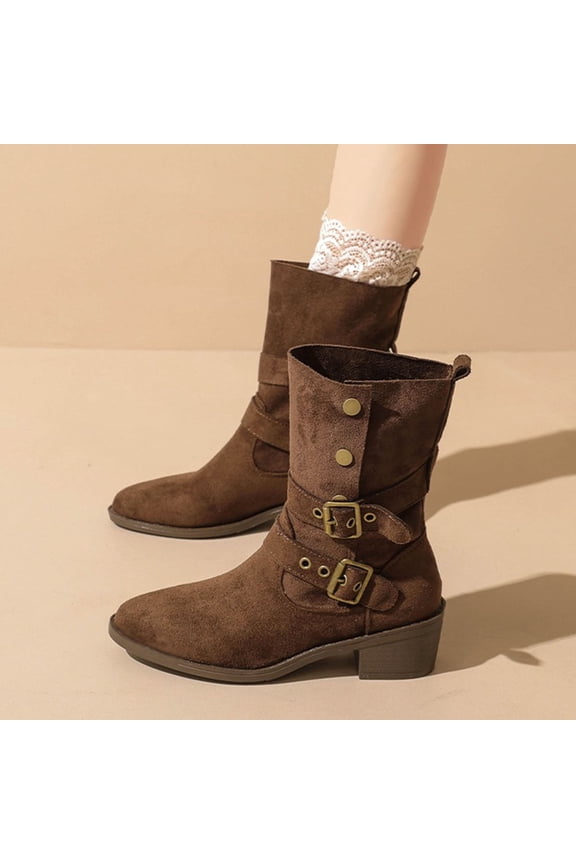 Women's Winter British Ankle Boots – Comfortable Round Toe with Buckle Strap and Low Chunky Heel for Casual Solid Color Fashion Footwear