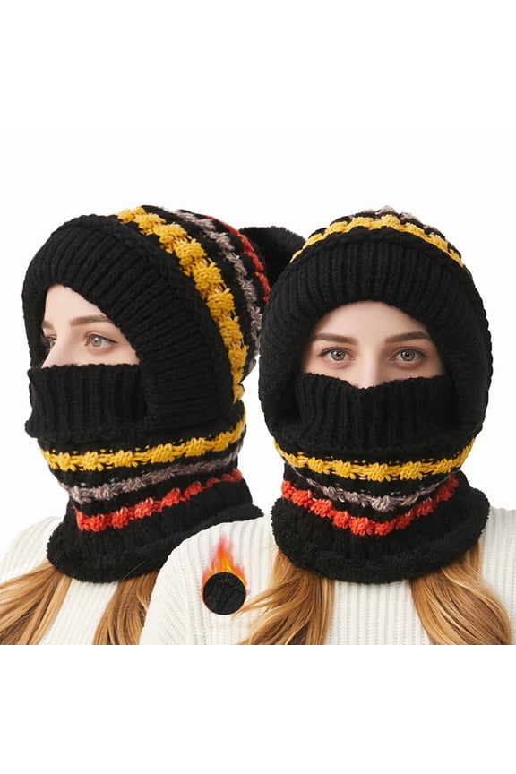 Women's Winter Cable Knit Hat and Scarf Set, Colorblock Ear Flap, Warm Two-Piece Accessory with Pom Pom Details