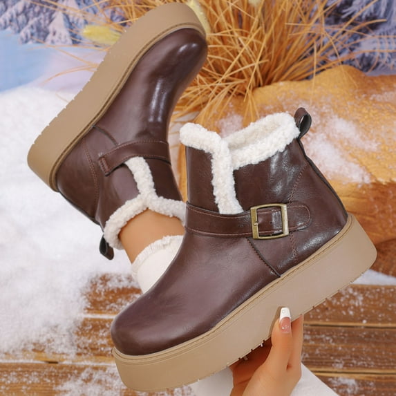 Wowcloth Women's Winter Casual Ankle Snow Boots – Plush Fleece Lined Warmth, Solid Color Round Toe Slip-On with Thick Platform for Cozy Cold Weather Footwear