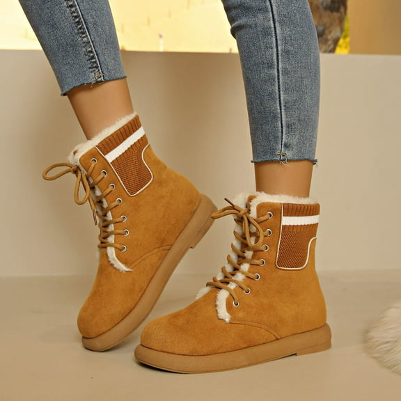 Wowcloth Women's Winter Fleece-Lined Ankle Boots – Cozy Round-Toe Front Lace-Up Low Heel Snow Boots for Casual Outdoor Wear