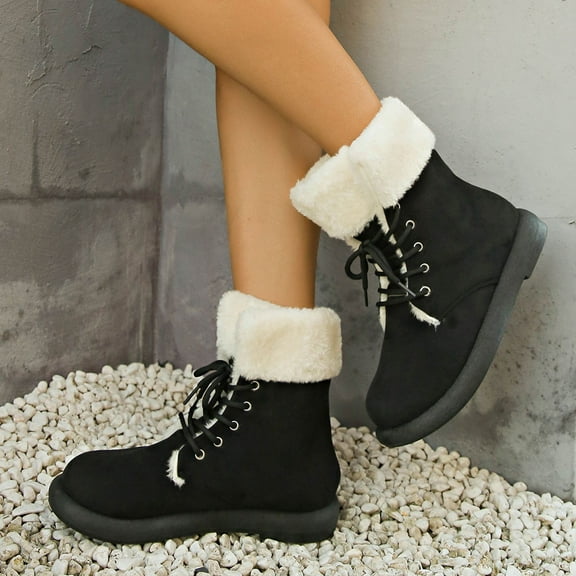 Wowcloth Women's Winter Fleece-Lined Ankle Boots – Warm Round Toe Front Lace-Up Low Heel Snow Boots with Thermal Comfort for Casual Outwear