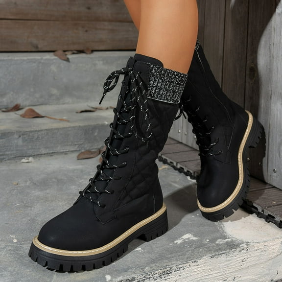 Wowcloth Women's Winter Fleece-Lined Mid-Calf Boots – Comfortable Round Toe Design with Front Lace-Up and Side Zipper, Chunky Low Heel for Casual Fashion