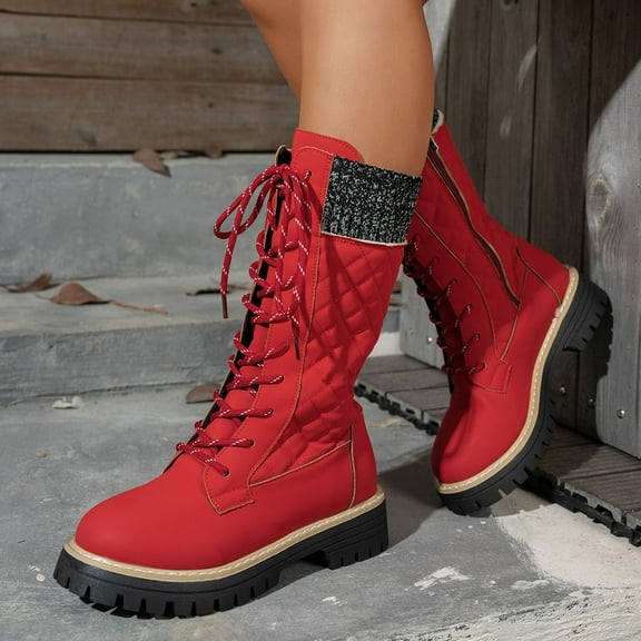 Wowcloth Women's Winter Fleece-Lined Mid-Calf Boots – Comfortable Round Toe Design with Front Lace-Up and Side Zipper, Chunky Low Heel for Casual Fashion