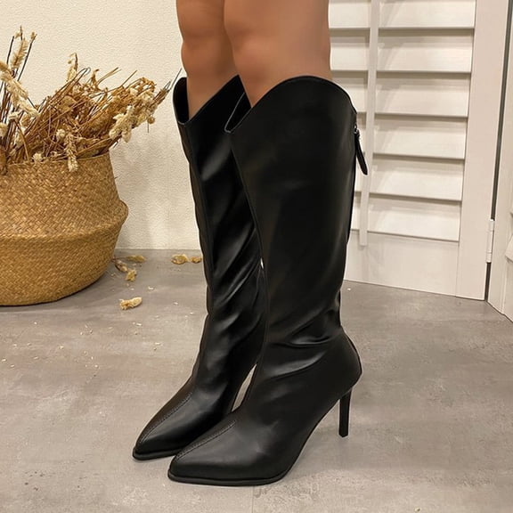 Wowcloth Women's Winter Knee-High Boots – Pointed Toe Solid Color with Back Zipper and Thin High Heel for Fashion Casual Outfits