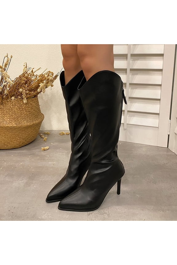 Women's Winter Knee-High Boots – Pointed Toe Solid Color with Back Zipper and Thin High Heel for Fashion Casual Outfits