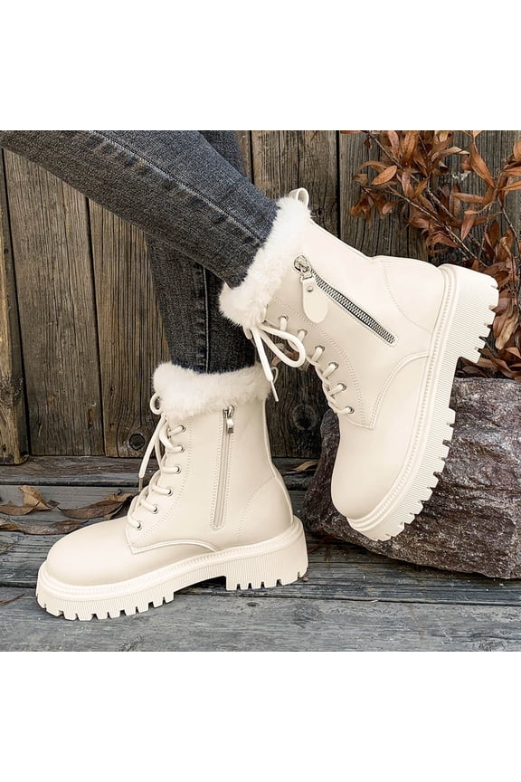 Women's Winter Lined Ankle Boots – Warm Short Shaft Round Toe with Front Lace-Up and Side Zipper Low Block Heel Casual Shoes