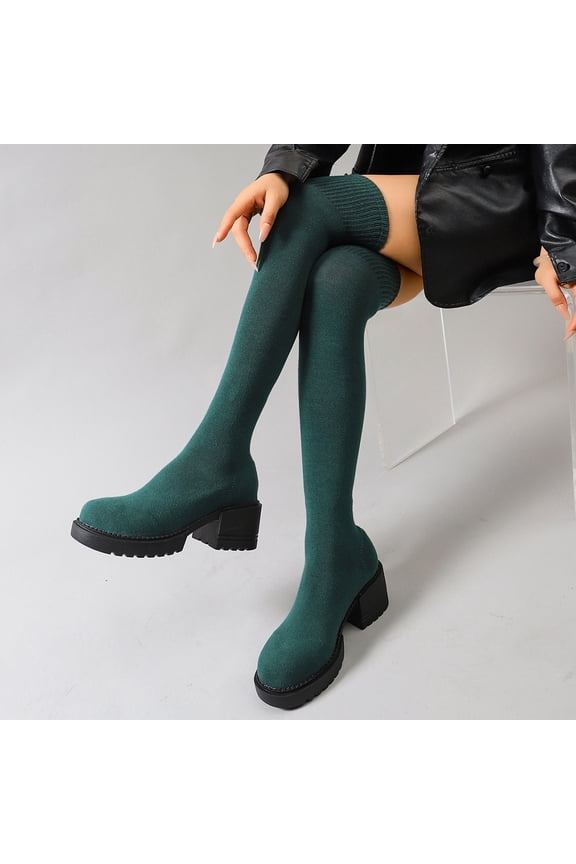Women's Winter Over-The-Knee Boots – Stretch Knit Elastic Tall Boots with Chunky Heel, Round Toe & Slip-On Design for Casual Fashion