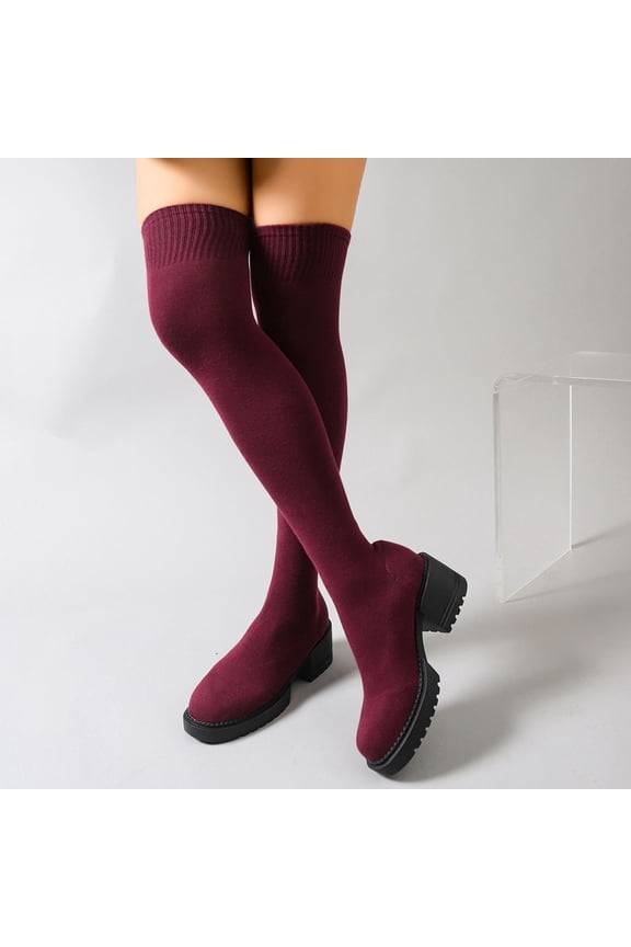 Women's Winter Over-The-Knee Boots – Stretch Knit Elastic Tall Boots with Chunky Heel, Round Toe & Slip-On Design for Casual Fashion