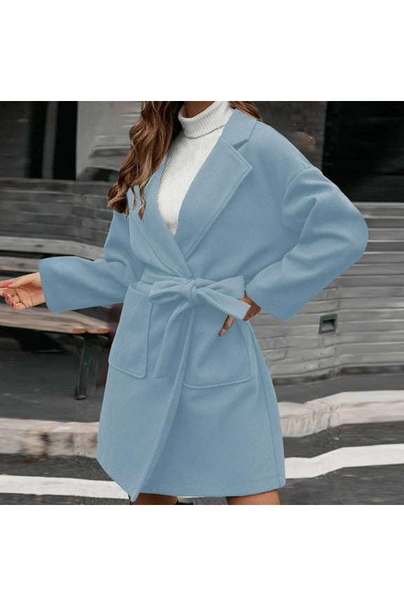Women's Wool Blend Overcoat Jacket Notched Lapel Elegant Trench Coats Casual Mid-Long Open Front Pea Coat with Belt