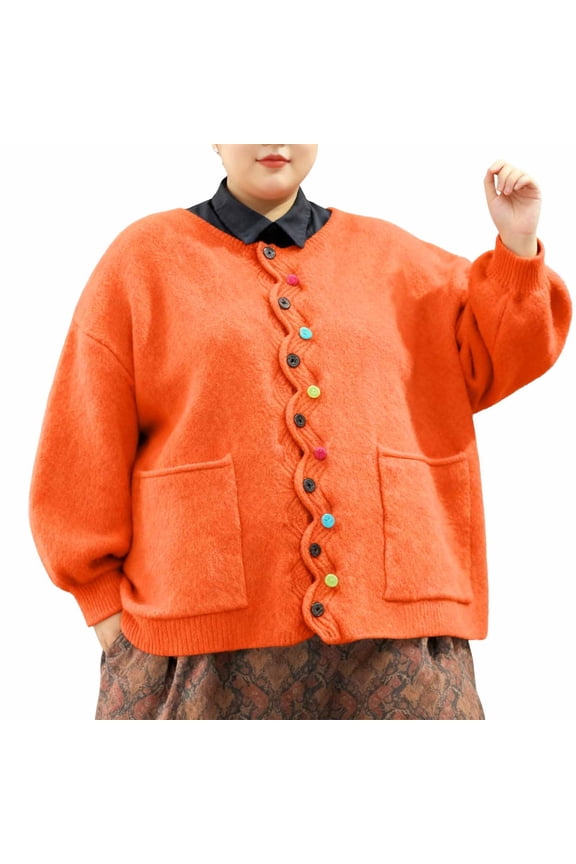 Women's Wool Cardigan, Loose Fit Solid Color Round Neck Button Front for Autumn Winter Casual Daily Wear
