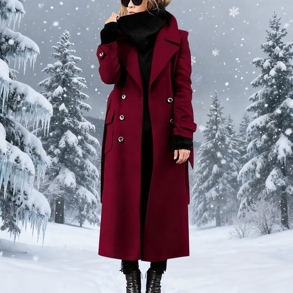 Wowcloth Women's Wool Coat with Belt Tie, Inner Pockets, Long Sleeve, Solid Color, Lapel Collar, Button Closure for Casual and Daily Wear