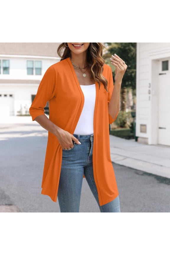 Womens 2025 Summer Lightweight Cardigan 3/4 Length Sleeve Open Front Casual Loose Shirts Top Beach Cover Ups