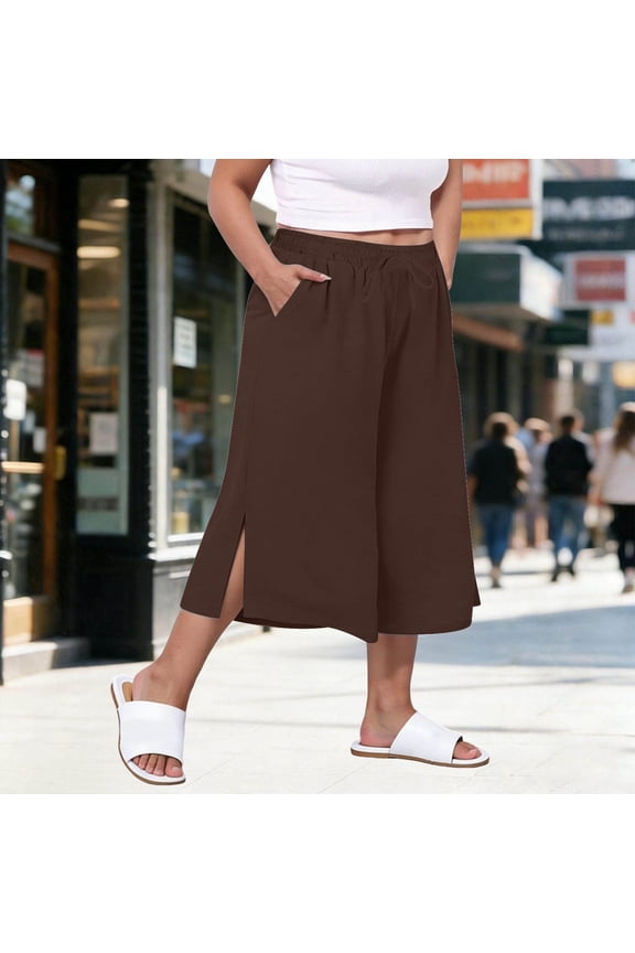Womens Capri Pants with Side Slits, Linen Cotton Blend Loose Fit Casual Trousers for Daily Wear