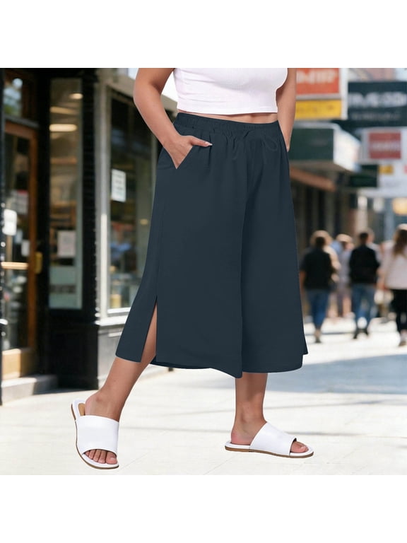 Womens Capri Pants with Side Slits, Linen Cotton Blend Loose Fit Casual Trousers for Daily Wear
