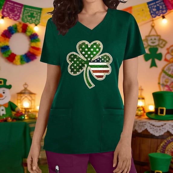Wowcloth Womens Casual Scrub Top, Loose Fit Short Sleeve V-Neck with Pockets, St. Patrick's Day Print for Work and Daily Use