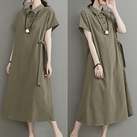 Wowcloth Womens Casual Summer Cotton Linen Dresses Midi Flowy Beach Dress Short Sleeve Ruffled Shift Dress Loose Sundress
