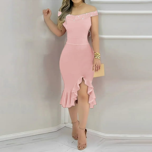 Wowcloth Womens Elegant Evening Dress Sexy Split Decoration Irregular Ruffle Hem Dresses Party Prom Wedding Guest Dress