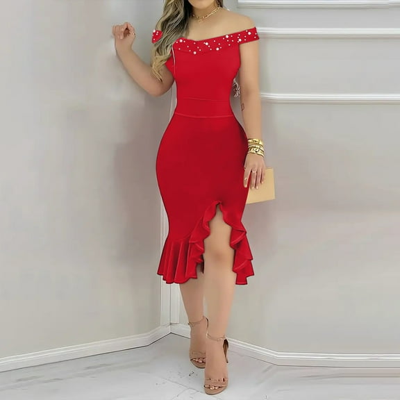 Wowcloth Womens Elegant Evening Dress Sexy Split Decoration Irregular Ruffle Hem Dresses Party Prom Wedding Guest Dress