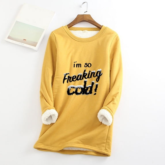 Wowcloth Womens Fleece-Lined Thermal Shirt with Letter Print and Round Neck, Long Sleeve Thickened Warm Base Layer for Autumn Winter Indoor Outdoor Wear