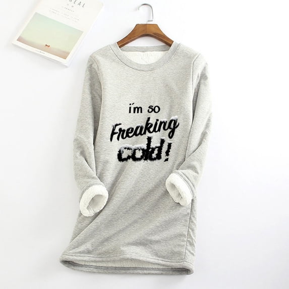 Wowcloth Womens Fleece-Lined Thermal Shirt with Letter Print and Round Neck, Long Sleeve Thickened Warm Base Layer for Autumn Winter Indoor Outdoor Wear