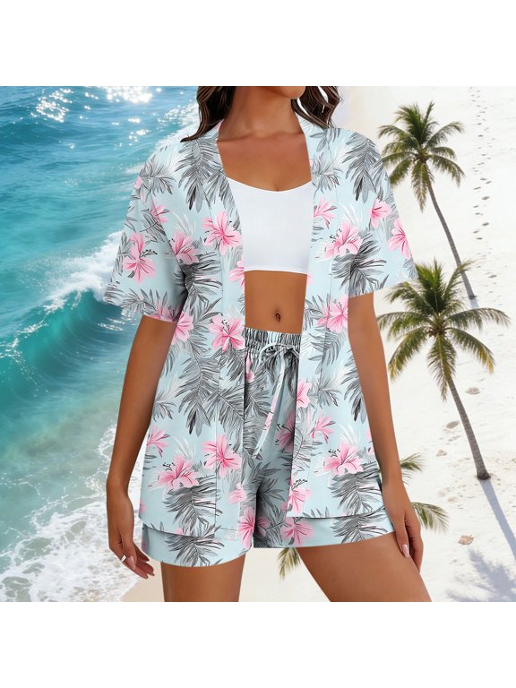 Womens Hawaiian Print Beach Set, Loose Fit Cover-Up with Short Sleeve Top and Shorts, Lightweight Vacation Outfit for Resort Wear and Summer Holidays