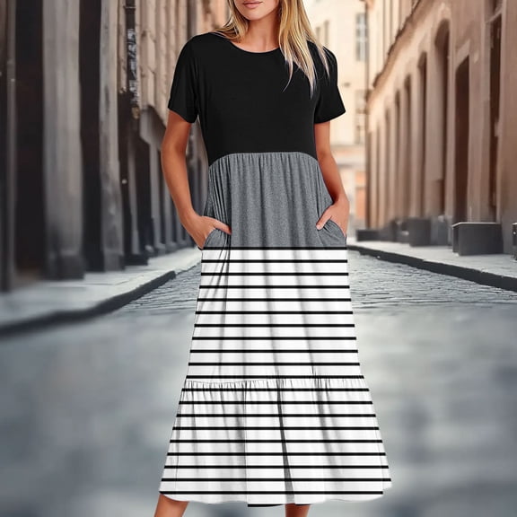 Wowcloth Womens Midi Dress Summer Short Sleeve Dress with Pockets 2025 Casual Printed T-shirt Dress Flowy Beach Sundress