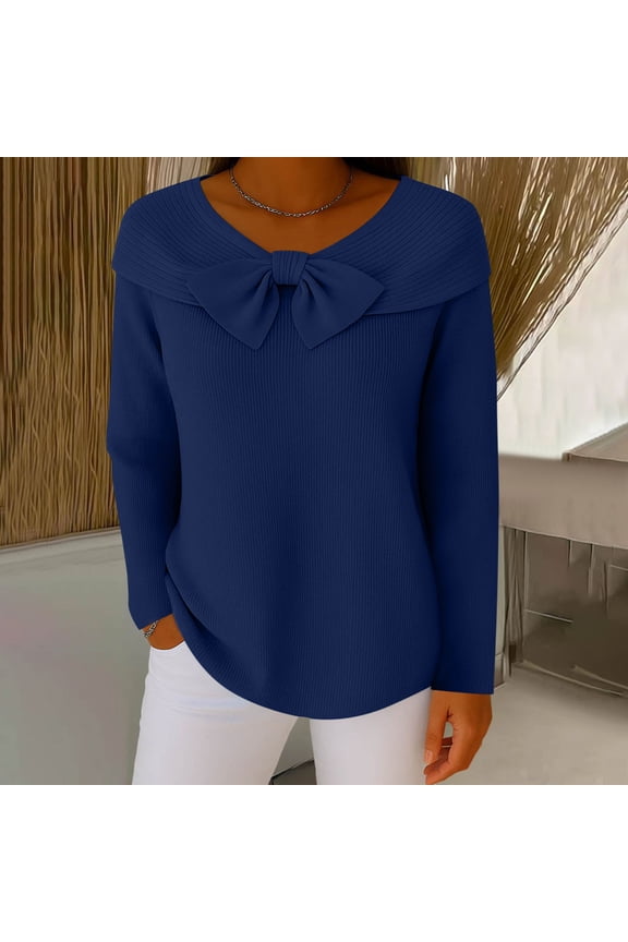 Womens Solid Color Knit Bow Long Sleeve Sweater, Ribbed Knit Pullover Top with Round Neck for Casual and Office Wear
