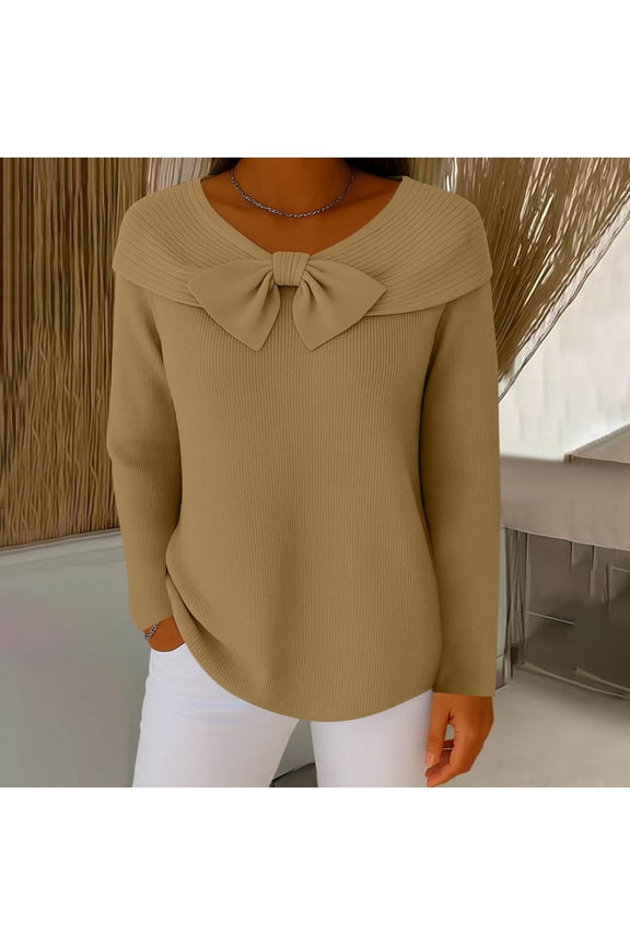 Womens Solid Color Knit Bow Long Sleeve Sweater, Ribbed Knit Pullover Top with Round Neck for Casual and Office Wear