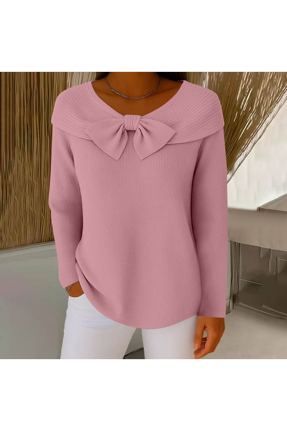 Womens Solid Color Knit Bow Long Sleeve Sweater, Ribbed Knit Pullover Top with Round Neck for Casual and Office Wear