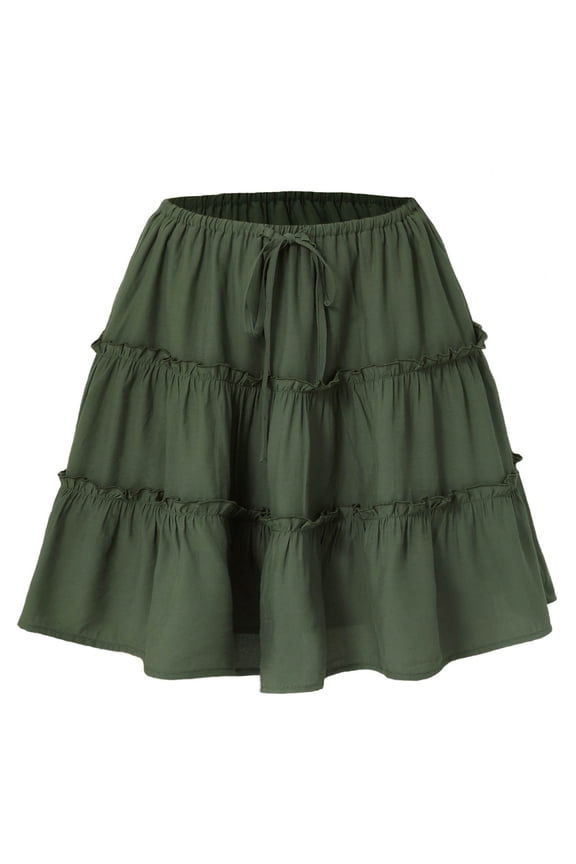 Womens Summer Solid Color Elastic Drawstring Loose Skirt