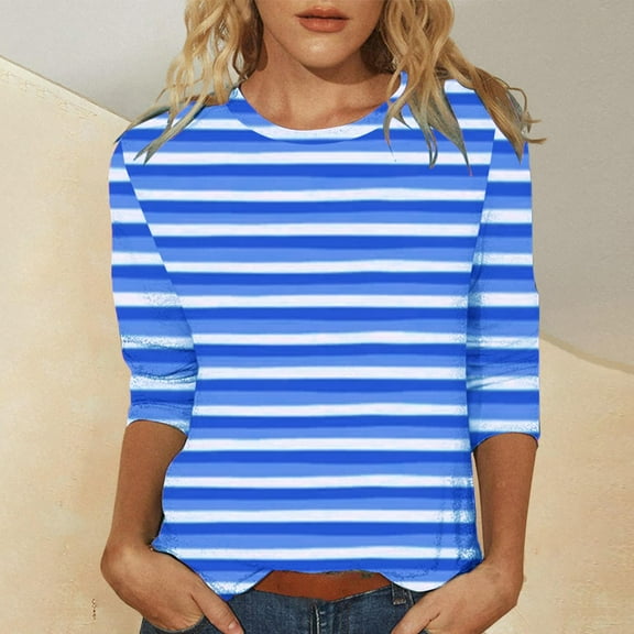 Wowcloth Womens Tops Casual 3/4 Sleeve Shirts Crew Neck Loose Casual Blouses Stripe Print Tshirts