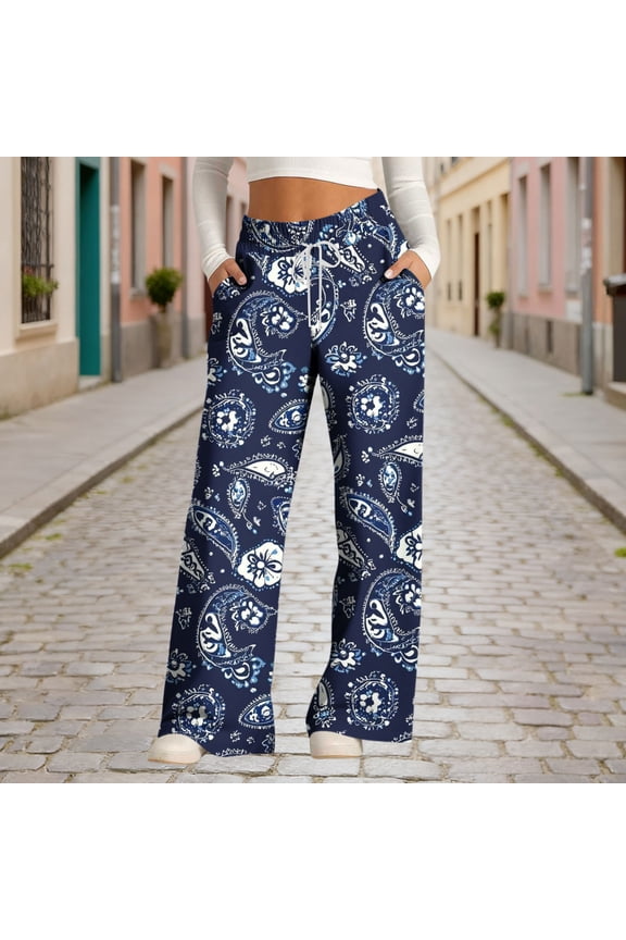 Womens Wide-Leg Sweatpants, Fashion Loose Fit with Drawstring and All-Over Print, Casual Comfortable for Daily Wear and Lounge
