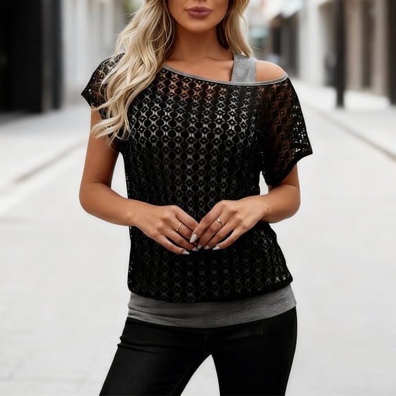 Wowcloth Wowcloth Women's Knit Shirt, Short Sleeve Round Neck Faux Two-Piece Off-Shoulder, Lightweight Summer Casual Top for Daily Wear