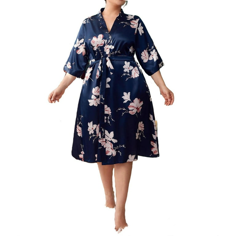 Wowens Plus Robes & Robe Sets Floral Sleepware Lounge Navy Blue 3XL