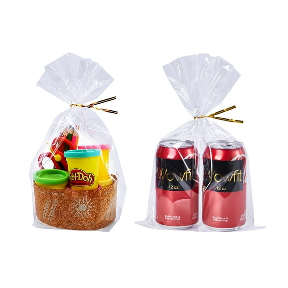 Wowfit 100 CT 8x12 DEF29 Inch Clear Flat Cellophane Treat Bags with 6 Gold Twist Ties, Cello Packaging for Mugs, Dessert, Muffins, Party Favors and Gift Wrapping