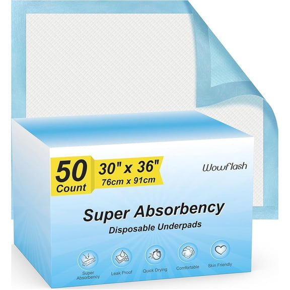 Wowflash 50 Count 30 x 36 Super Absorbency Disposable Underpads, Leakproof Quick Drying, Baby Puppy & Adults Bed Pads Disposable Adults, Dog Pee Pads Extra Large, XXL Incontinence Pads